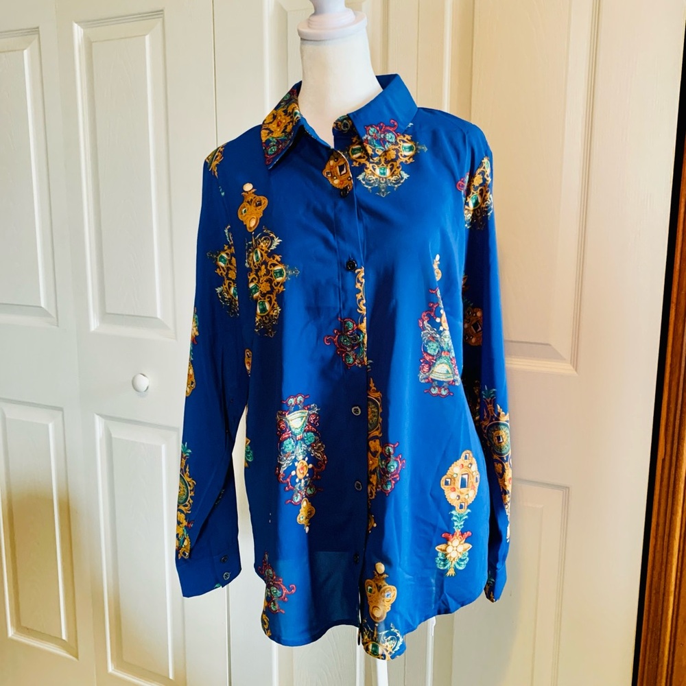 Royal Blue Button-down Top with Delightfully Tacky Print